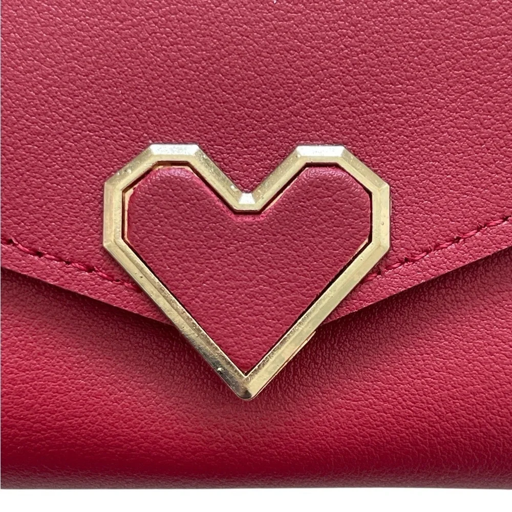 Red Faux Leather Tri-fold Wallet With A Geometric Hold Heart Tone Buckle
